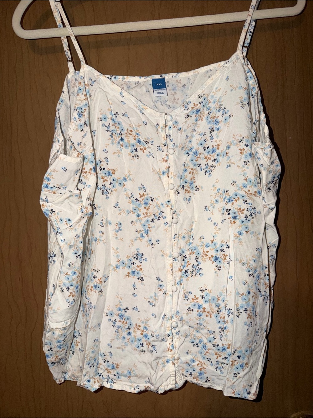 Old Navy White Blouse with Blue and Tan Floral Print